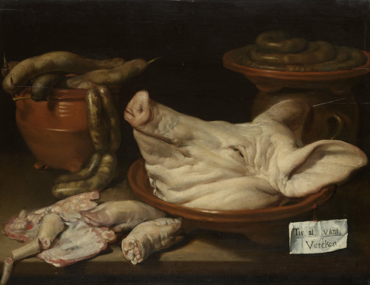 Stilleben med grisehode, griseknoker og pølse, ca. 1650 av Monogrammist JVR