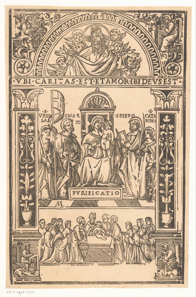 Maria med barn og hellige Hellig samtale Sacra-samtale av Monogrammist AM (prentmaker 16e eeuw)