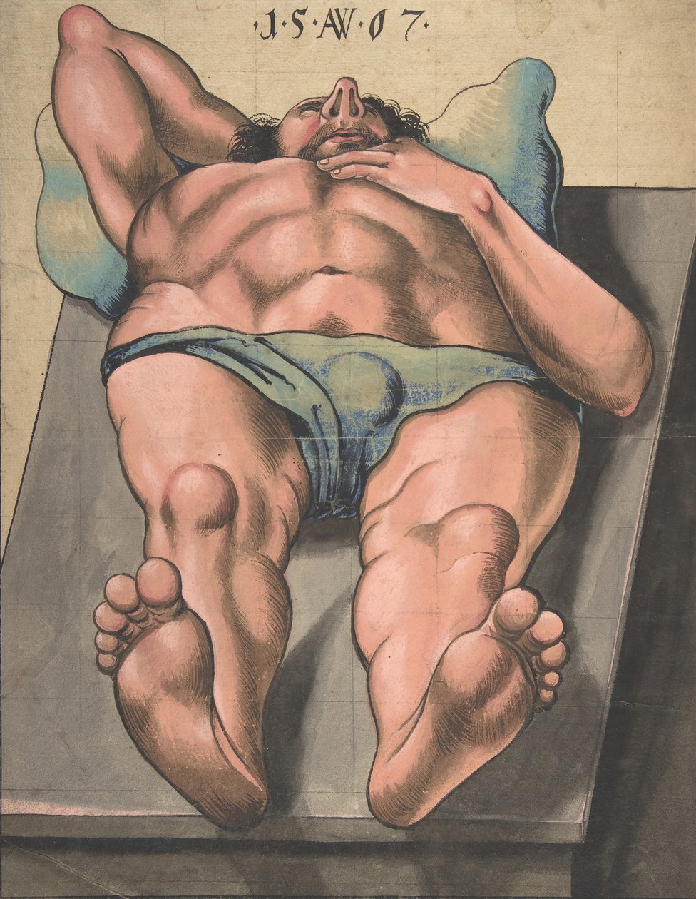 Naken mann ligger på et bord, 1567. av Monogrammist AW