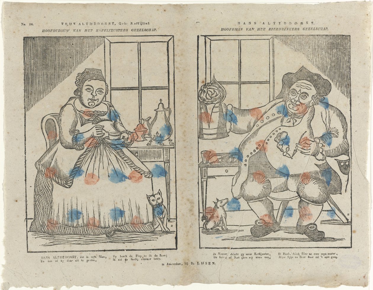 Trijn Antijddorst, Geb: Kaffekjærlighet. / Hovedkvinne i kaffesøsterselskapet. / Hans Altyddorst. / Leder for øldrikkerfirmaet (tittel på objekt) av Monogrammist B (prentmaker)