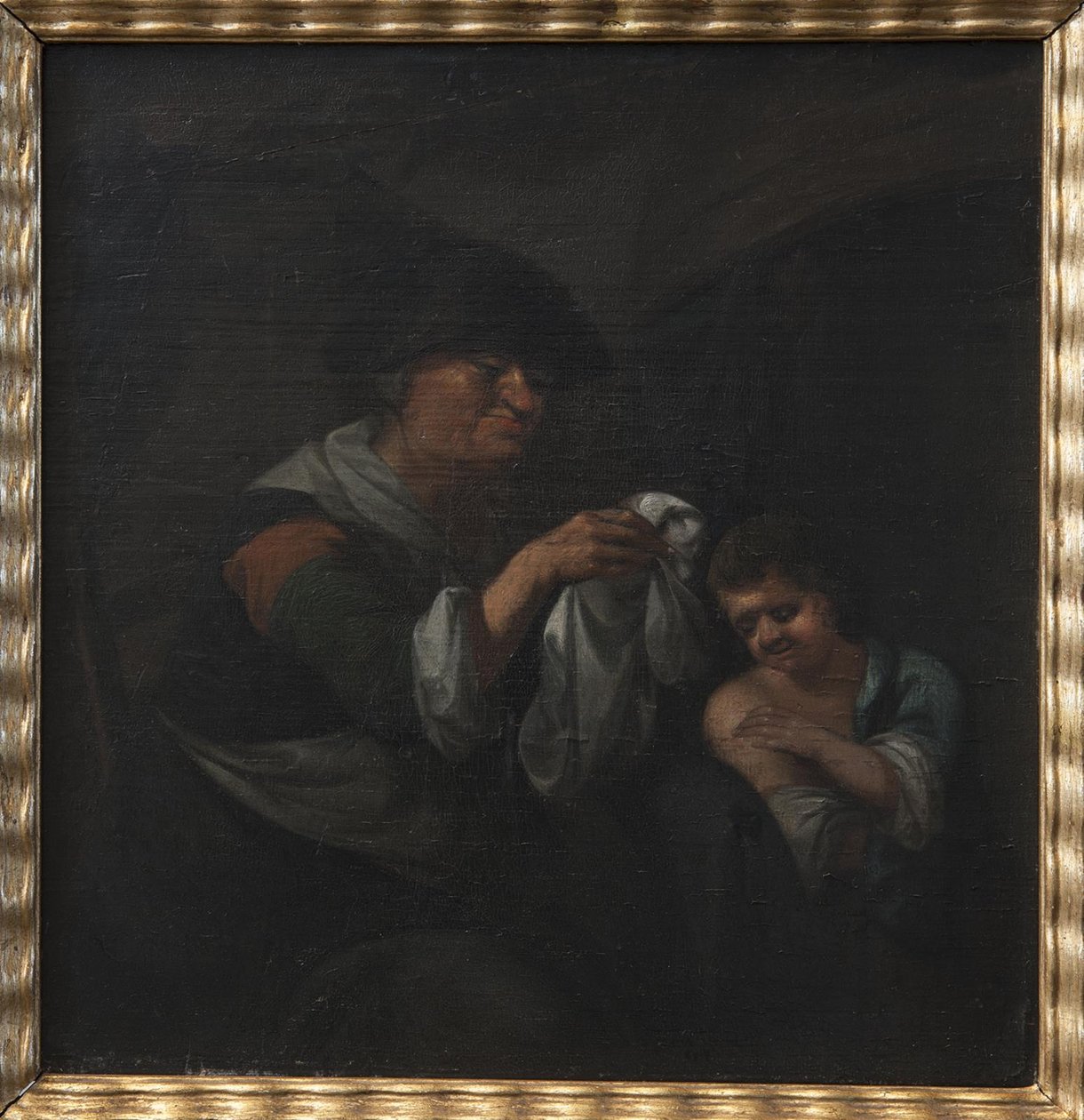 Gammel dame som inspiserer en guttetøy av Monogrammist Bijs