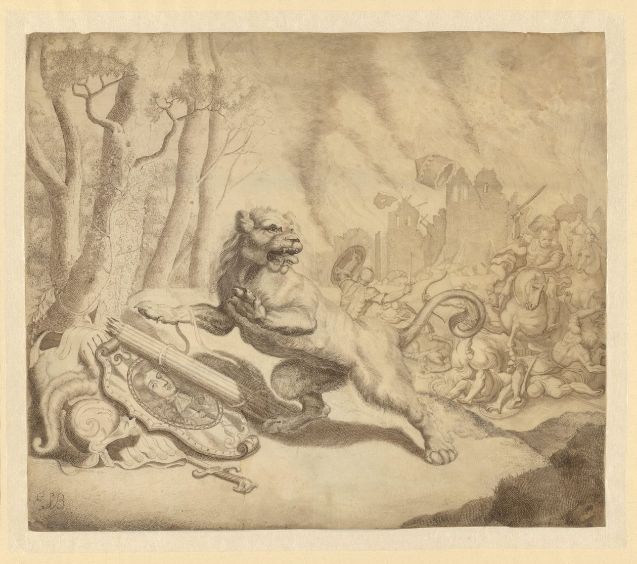 Den nederlandske løven søker hjelp fra William III, 1672 av Monogrammist ESB (tekenaar) (signed by artist)