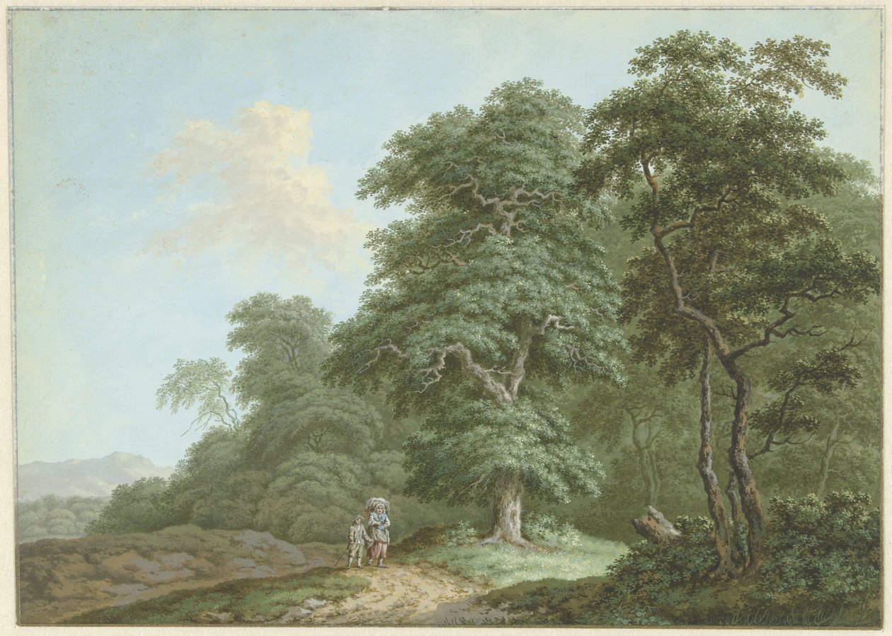 Landskap med en kvinne og en gutt på en landevei av Monogrammist FWH (possibly)