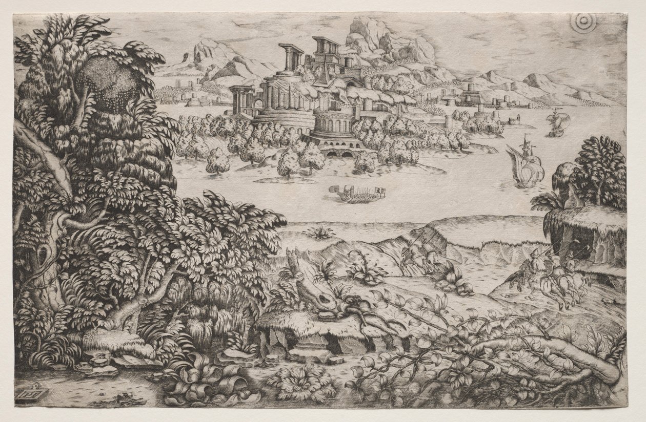 Landskap med et tempel over en innsjø, 1500-tallet. av Monogrammist HI