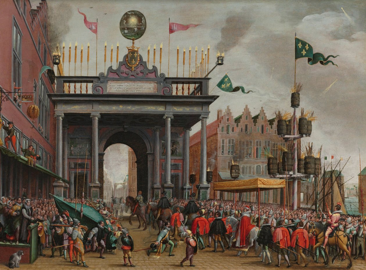 Hertugen av Anjous gledelige inntog i Antwerpen 19. februar 1582 François, hertug av Anjou (1556-1584), gledesfylte inntog i Antwerpen med en triumfbue på St. Jans bro, 19. februar 1582 av Monogrammist MHVH