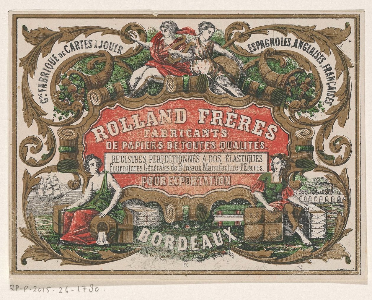 Visittkort til Rolland Frères, papirprodusent i Bordeaux av Monogrammist PC (lithograaf)