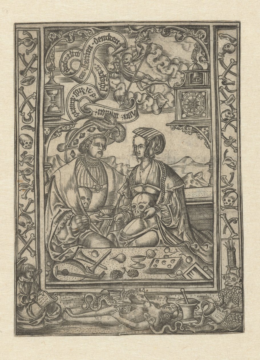 Vanitas Lord og kvinne med hodeskalle av Monogrammist XXX met L (attributed to)