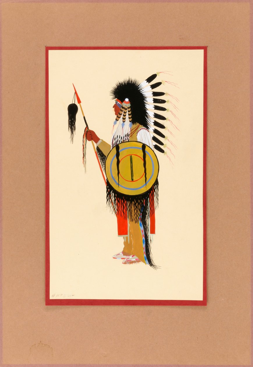Cheyenne Warrior i fjærhodeplagg med skjold, ca. 1915-1937. av Monroe Tsatoke