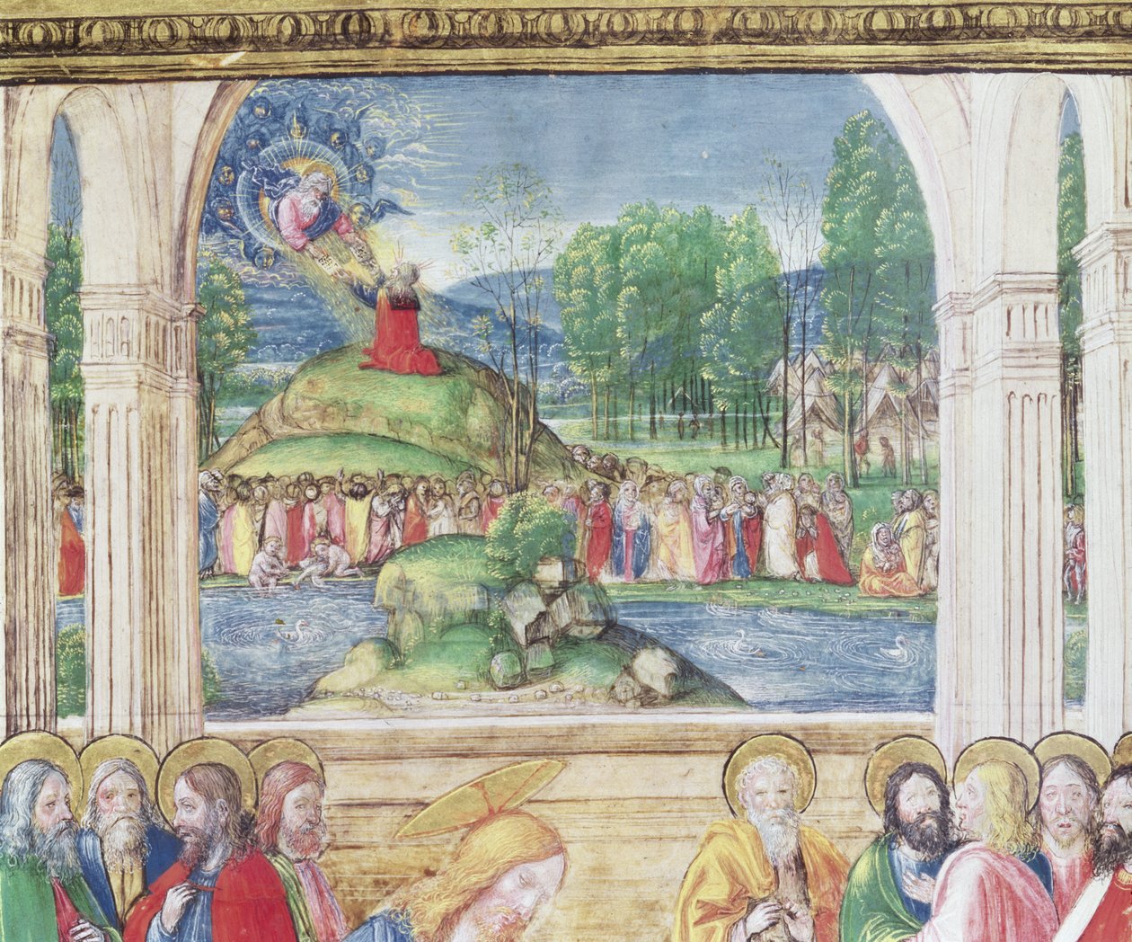 Ms 542 f.3v Moses mottar lovens tavler fra Gud, fra en psalter skrevet av Don Appiano fra Church of the Badia Fiorentina, Firenze, 1514-15 detalj av 78840 av Monte di Giovanni del Fora