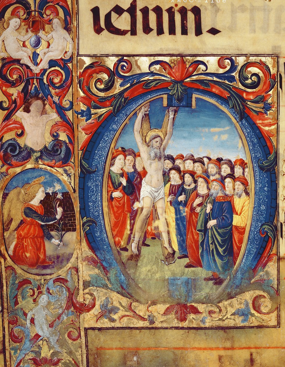 Ms 543 f.5v Historikert initial O med korsfestelsen av St. Andrew, fra en psalter, ca. 1515 av Monte di Giovanni del Fora