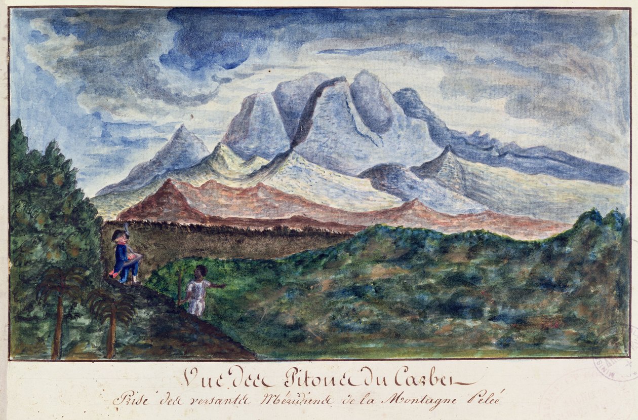 Utsikt over Pitons du Carbet fra Mount Pelee, Martinique, ca. 1815 (akvarell på papir) av Moreau de Jones