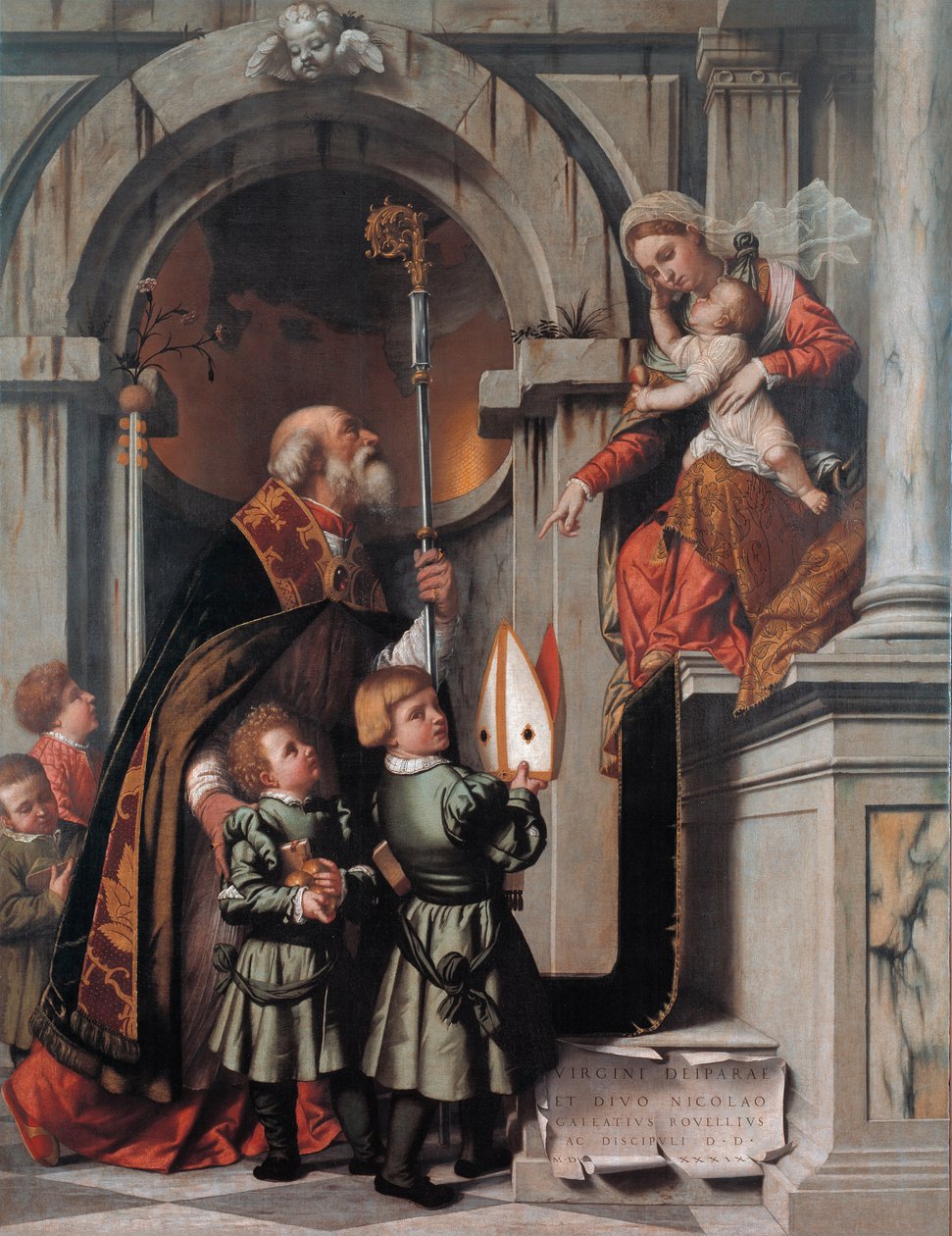 St. Nicholas av Bari presenterer Rovelli-elevene for Madonna og Child av Moretto da Brescia