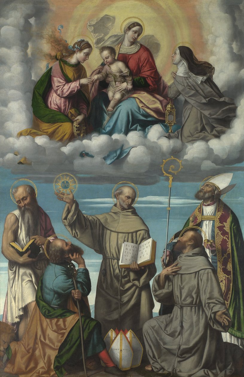Jomfruen og barnet med Saint Bernardino og andre hellige av Moretto da Brescia