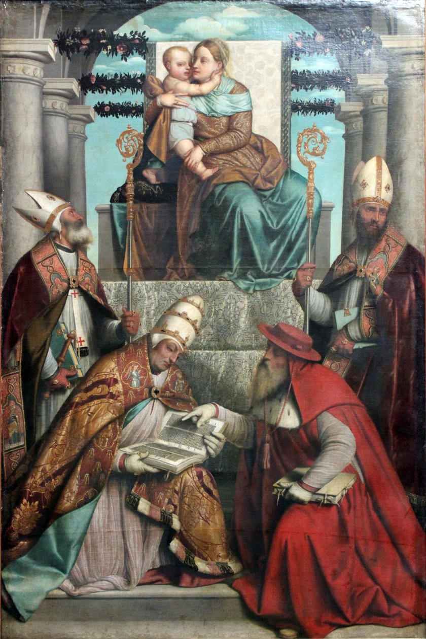 Jomfru og barn tronet sammen med de fire fedrene til den latinske kirken av Moretto da Brescia