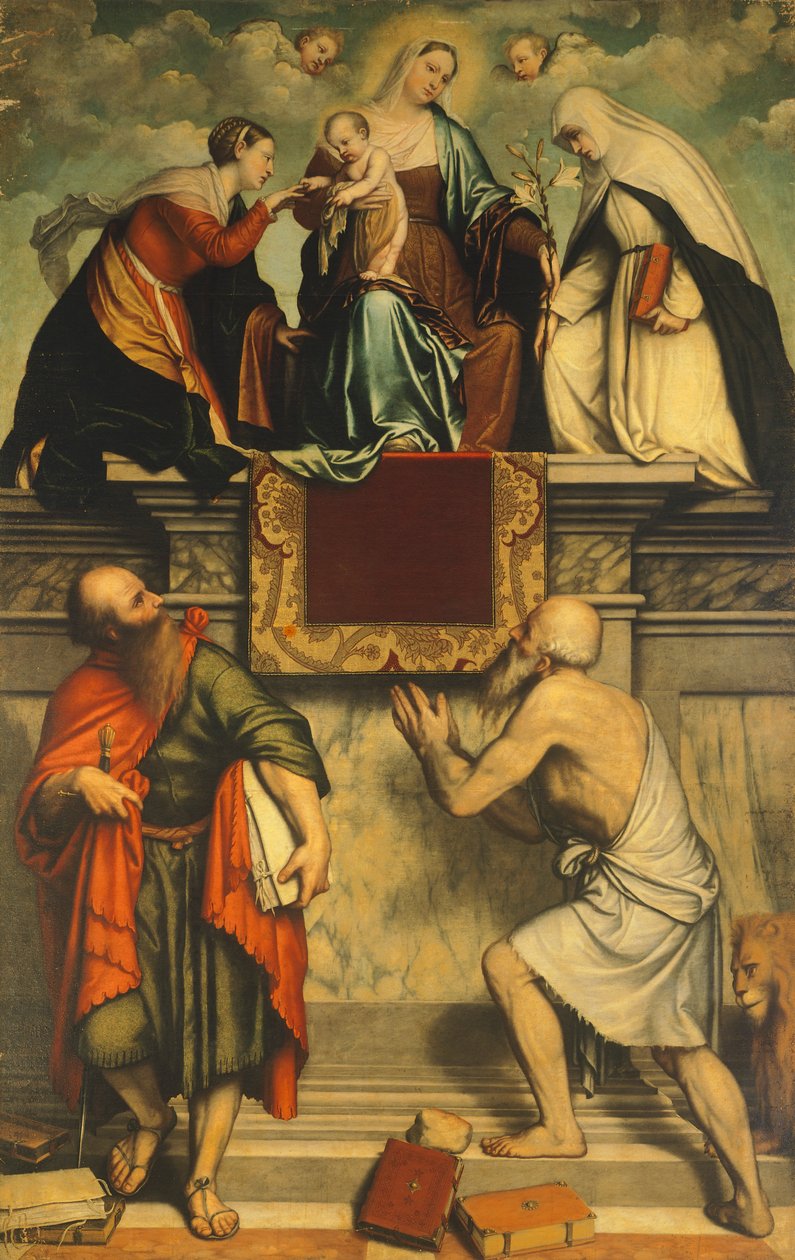Enthroned Madonna with Child, St Catherine, St Paul and St Jerome av Moretto da Brescia