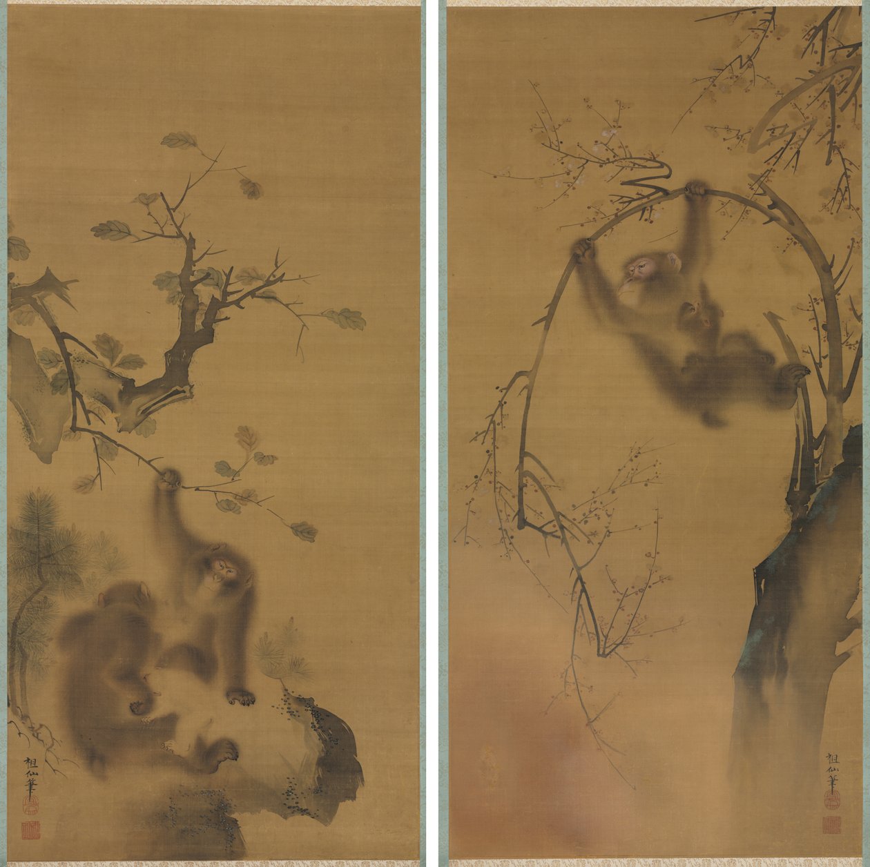 Aper i et kirsebærtre; Monkeys on a Rock Ledge av Mori Sosen