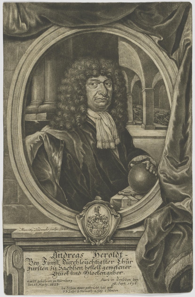Kobberstikk etter det valgsaksiske stykket og bjellestøtten Andreas Herold (1623–1696) av Moritz Bodenehr