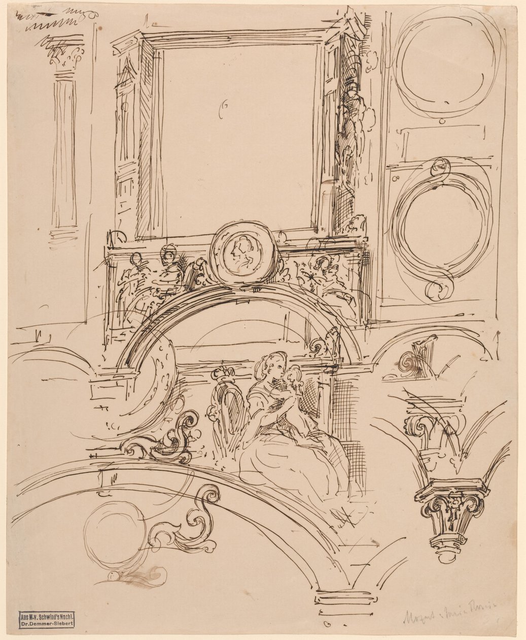Arkitektoniske detaljer for en veggdekorasjon med keiserinne Maria Theresia som omfavner den unge Wolfgang Amadeus Mozart, ca. 1864 (penn og blekk) av Moritz Ludwig von Schwind