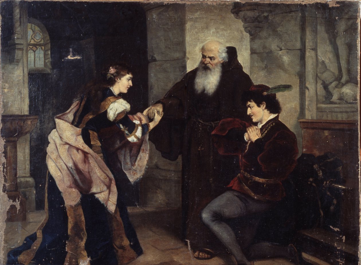 Bryllupet til Romeo og Julie. Scene inspirert av stykket av William Shakespeare (1564-1616). Maleri av Moritz Ludwig von Schwind (1804-1871), olje på lerret, østerriksk kunst, midten av 1800-tallet, romantikk. Museum for historie og kunst, Cherep av Moritz Ludwig von Schwind