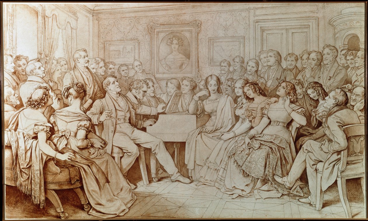 Komponisten Franz schubert akkompagnerer tenor Johann Michael Vogl på en musikalsk kveld på Baron von Spaun (Tegning av Moritz Ludwig von Schwind