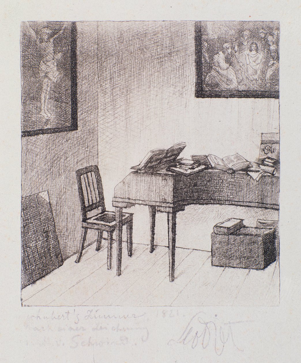 Utsikt over Franz Schuberts rom (negravering) av Moritz Ludwig von Schwind