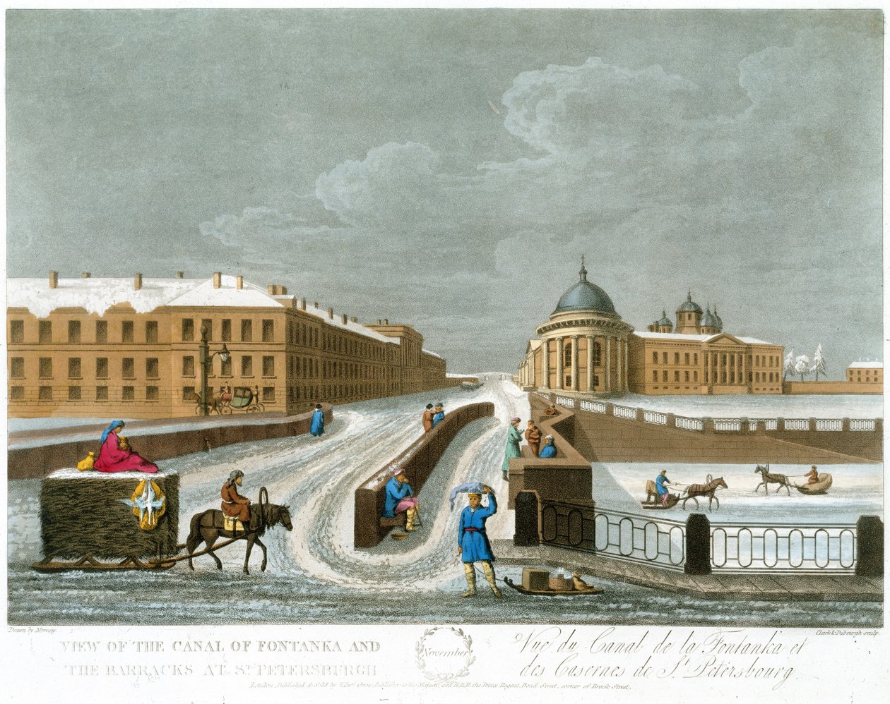 Utsikt over Fontanka-kanalen og brakkene, illustrasjon for november fra A Year in St. Petersburg etset av John H. Clark, fargelagt av M. Dubourg. pub. 1815 i London av Edward Orme (farge lith av Mornay