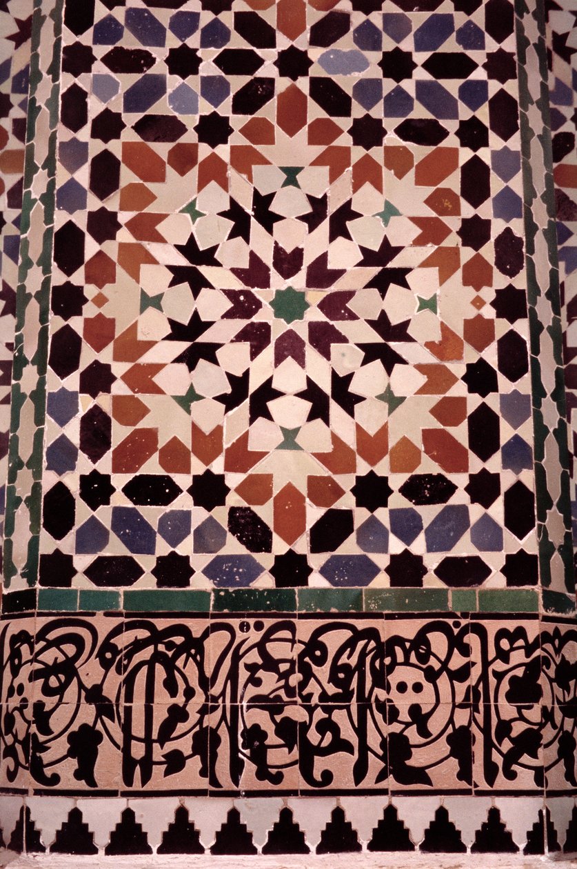 Den nedre veggen til hovedgårdsplassen, bygget av saadierne i 1565 (zellij-flisverk) (detalj av 186515) av Moroccan School