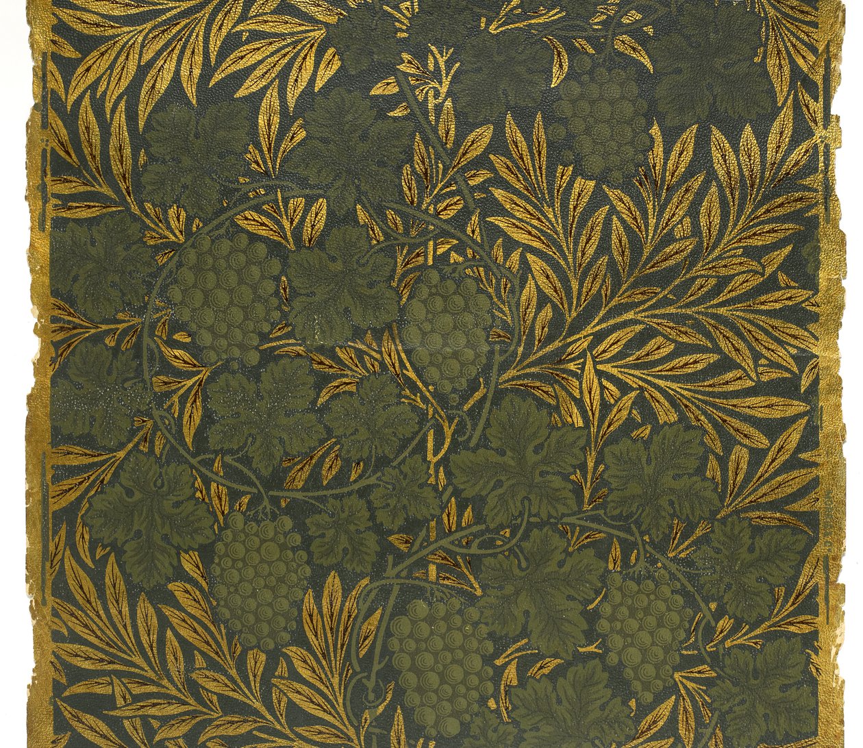 Tapetprøve, 1873 (blokktrykt, preget, forgylt messing og lakkert maskinlaget papir) av Morris and Company Morris and Company