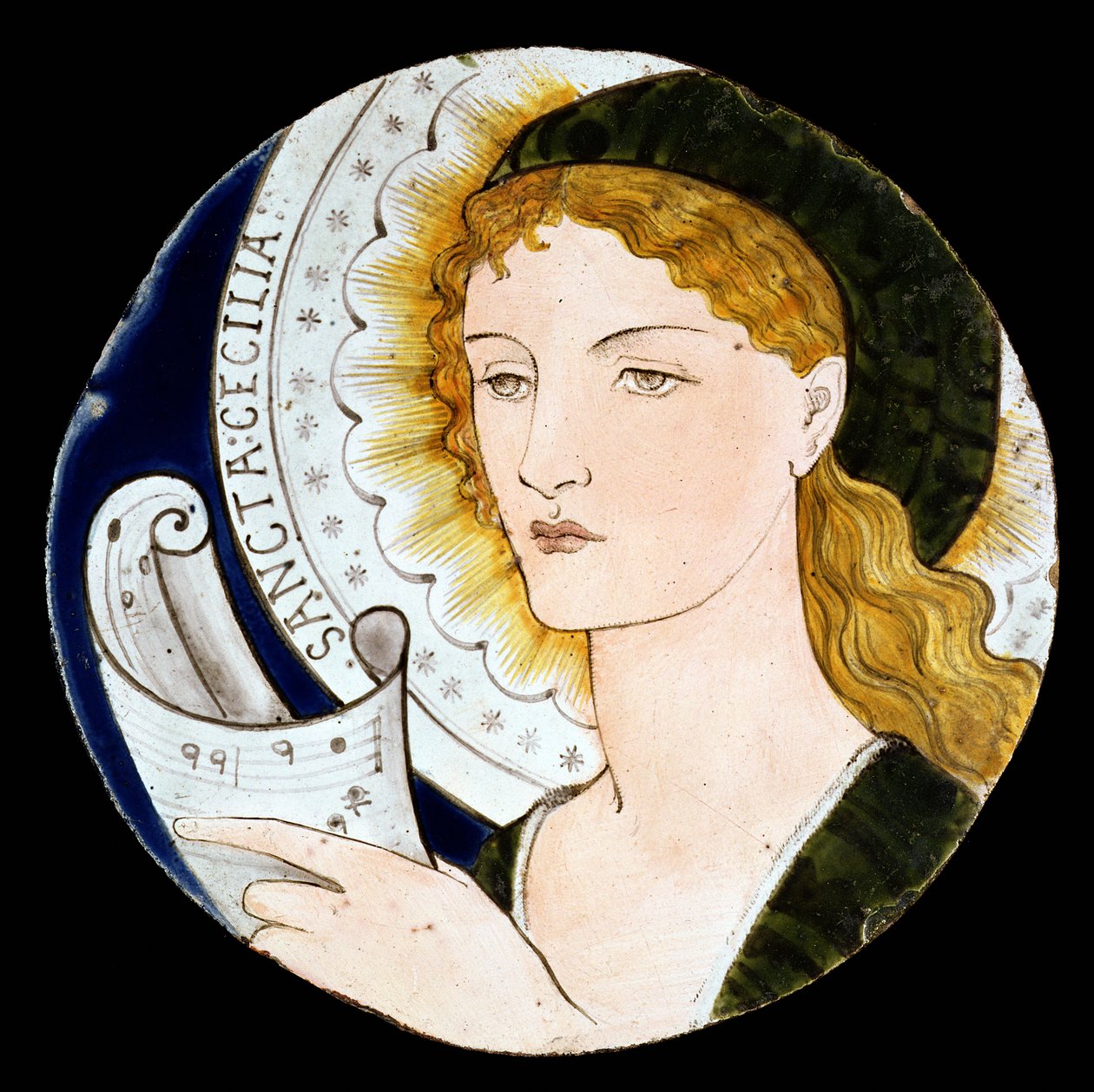 C.2-1922 Morris and Company-flis som viser St. Cecilia, designet av Edward Burne-Jones (1833-98), malt av Kate Faulkner, ca. 1865 (malt keramikk) av Morris and Company