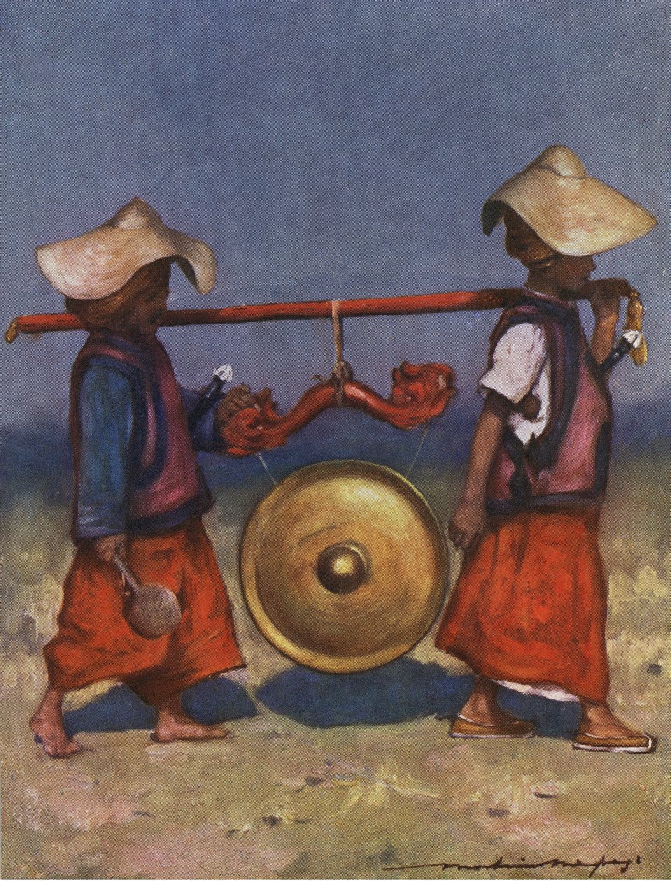 Shan-tjenere som bærer en messinggong - tidlig på 1900-tallet av Mortimer Ludington Menpes