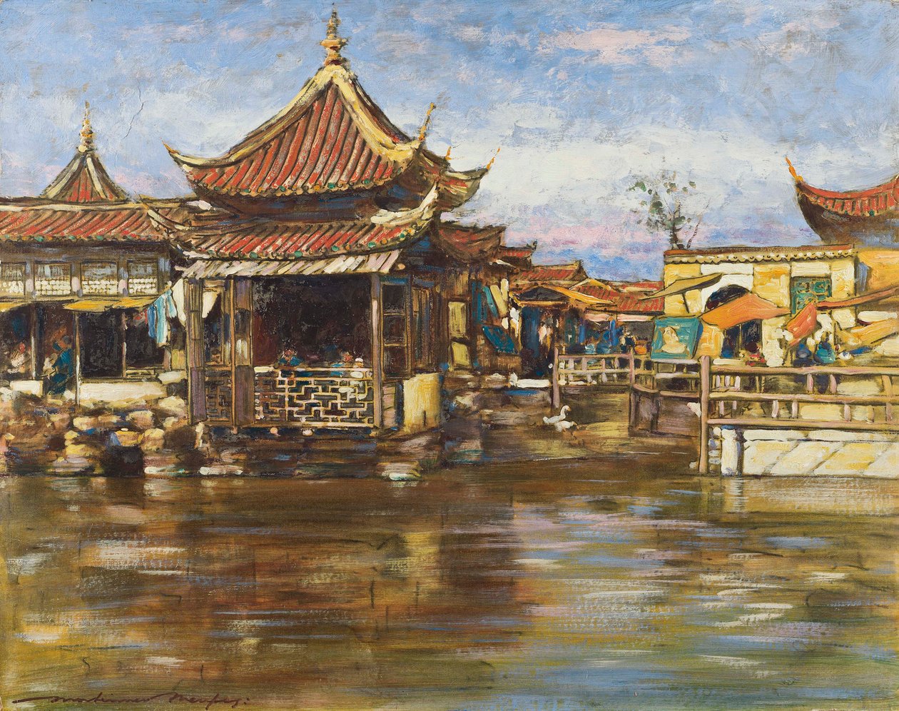 A Tea House, Shanghai, ca. 1909 (gouache og olje om bord) av Mortimer Ludington Menpes
