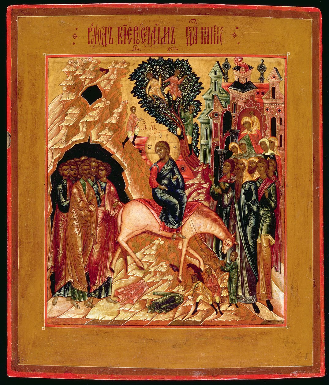 Russisk ikon for inntoget i Jerusalem, tidlig på 1800-tallet (bladgull og tempera på panel) av Moscow School