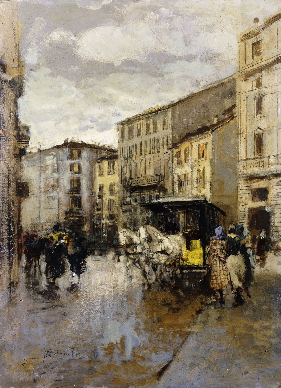 En gatescene, Milano, av Mose Bianchi
