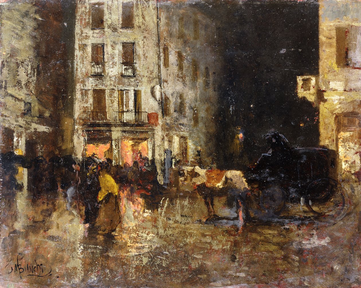 En gatescene om natten, av Mose Bianchi