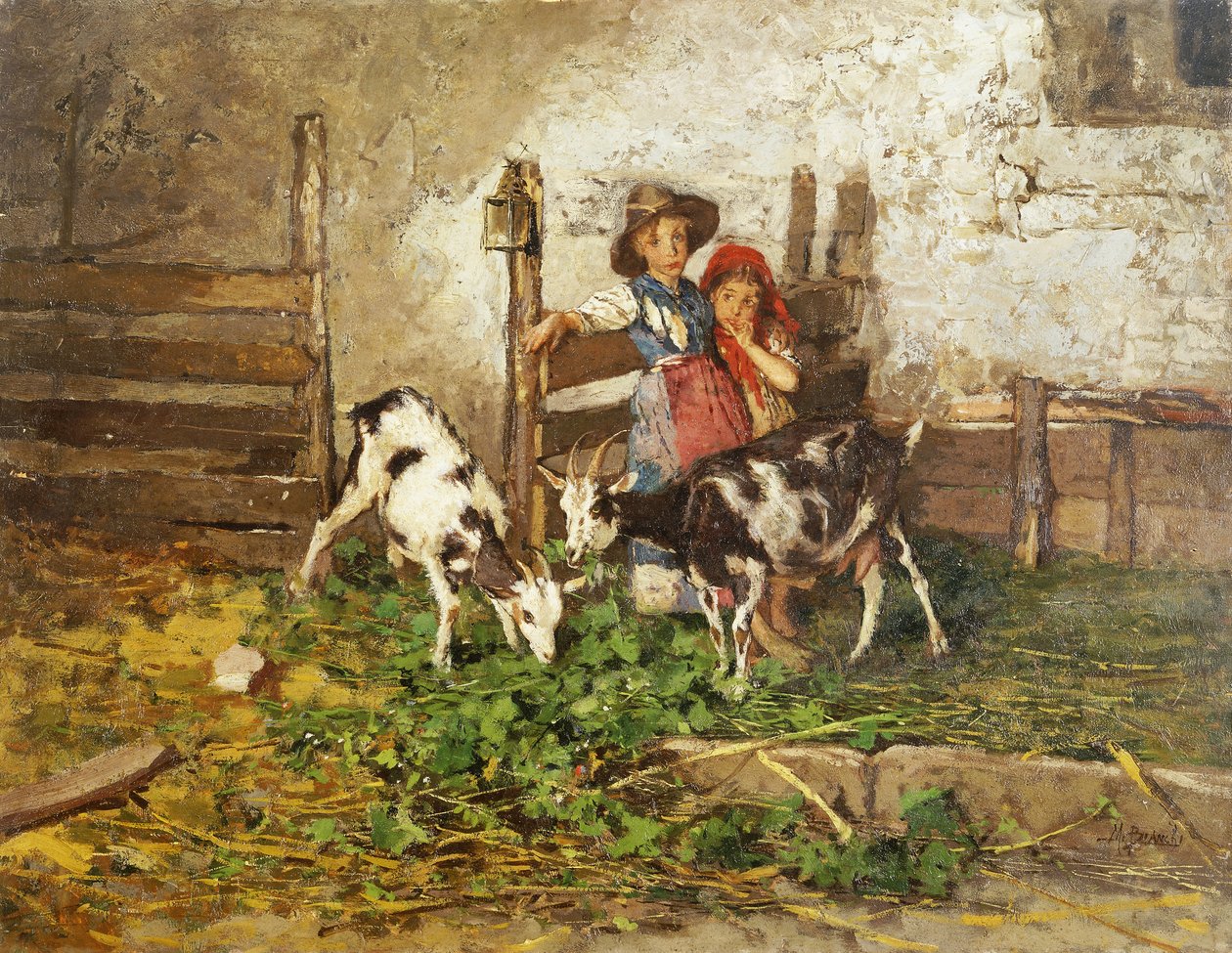 Barn og geiter i en låve, av Mose Bianchi
