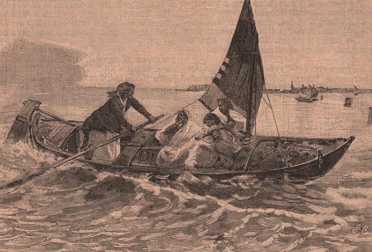 Krysser lagunen, maleri av Mose Bianchi (1836-1892), Chioggia, Veneto, Italia, tresnitt fra Le cento citta d