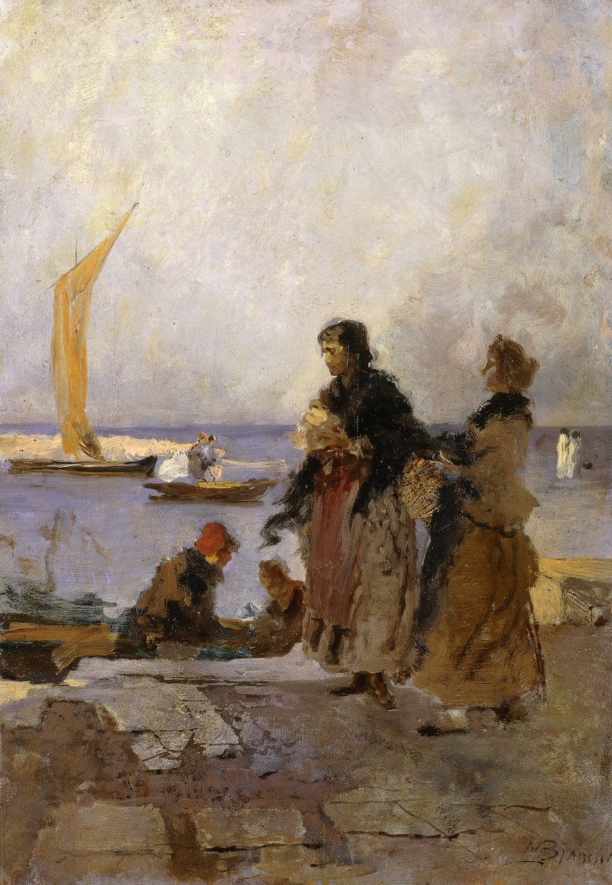 På kaien i Chioggia; På brygga i Chioggia, av Mose Bianchi