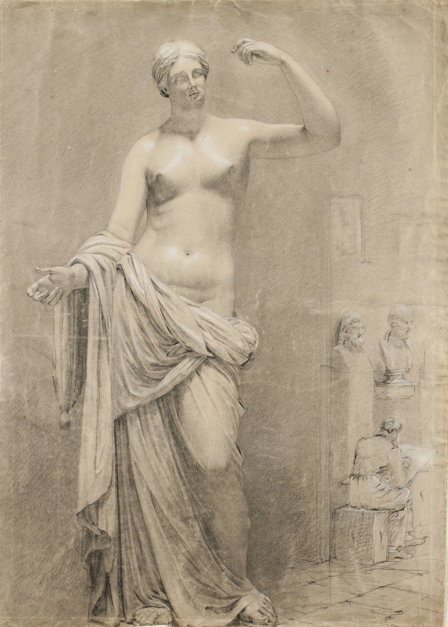 Cast of Venus med studentskisser i bakgrunnen (svart kritt med hvit forhøyning på papir) av Moseley Danforth