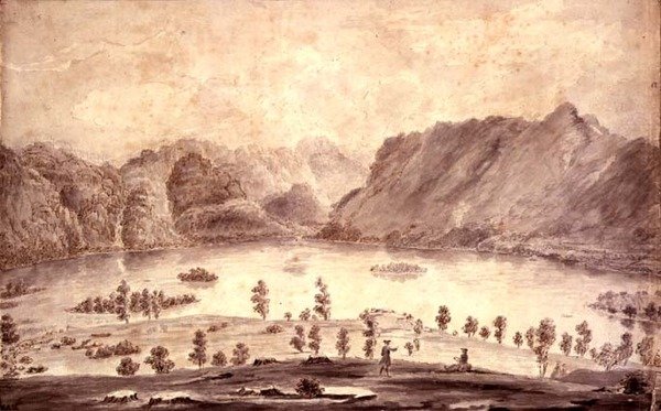Panoramautsikt over Derwentwater og Vale of Keswick, detalj av den vestlige siden av Derwent Water, ca. 1772 av Moses Griffith