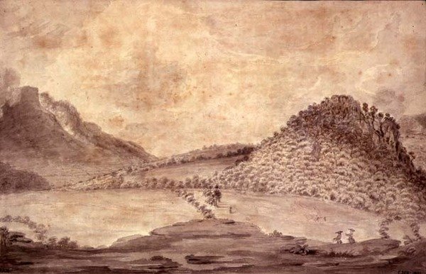 Panoramautsikt over Derwentwater og Vale of Keswick, detalj av landskapet inkludert Castle Head, ca. 1772 av Moses Griffith
