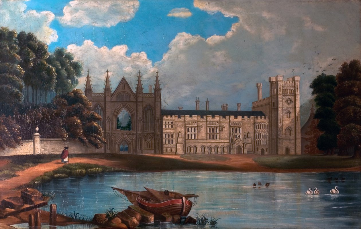 West View of Newstead Abbey, Nottinghamshire, 1820-34 (olje på tre 65 x 101,5) av Moses after Webster
