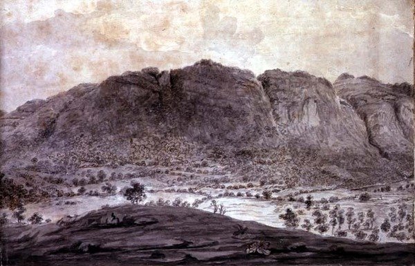 Panoramautsikt over Derwentwater og Vale of Keswick, detalj av fjell, ca. 1772 (blyant og vask på papir) (se 92086-90) av Moses (attr. to) Griffith