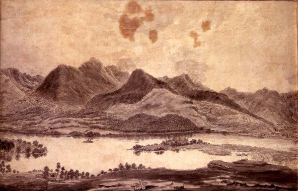 Panoramautsikt over Derwentwater og Vale of Keswick, detalj av den nordlige enden av Derwent Water, ca. 1772 (blyant og vask på papir) (se 92086 og 92088-91) av Moses (attr. to) Griffith