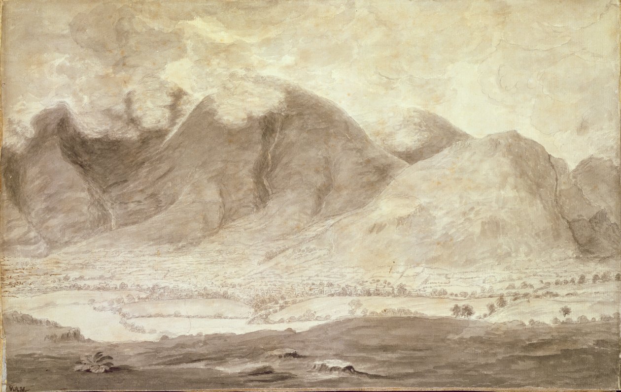 Panoramautsikt over Derwentwater og Vale of Keswick, detalj av Skiddaw og Keswick, ca. 1772 blyant og vask på papir, se 92086-88 og 92090-91 av Moses Griffith