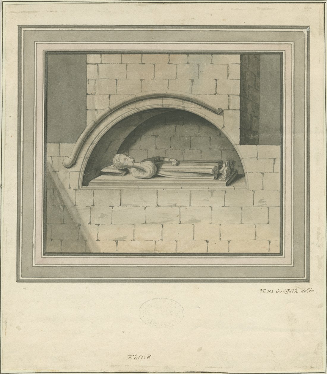 Elford Church - "The Stanley Monument": akvarelltegning, nd [?1700-tallet] av Moses Griffiths