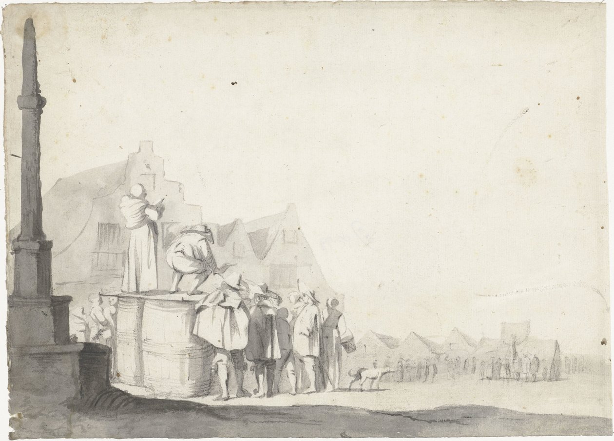Markedsplass med kunngjøring på en tønne av Moses ter Borch (possibly)