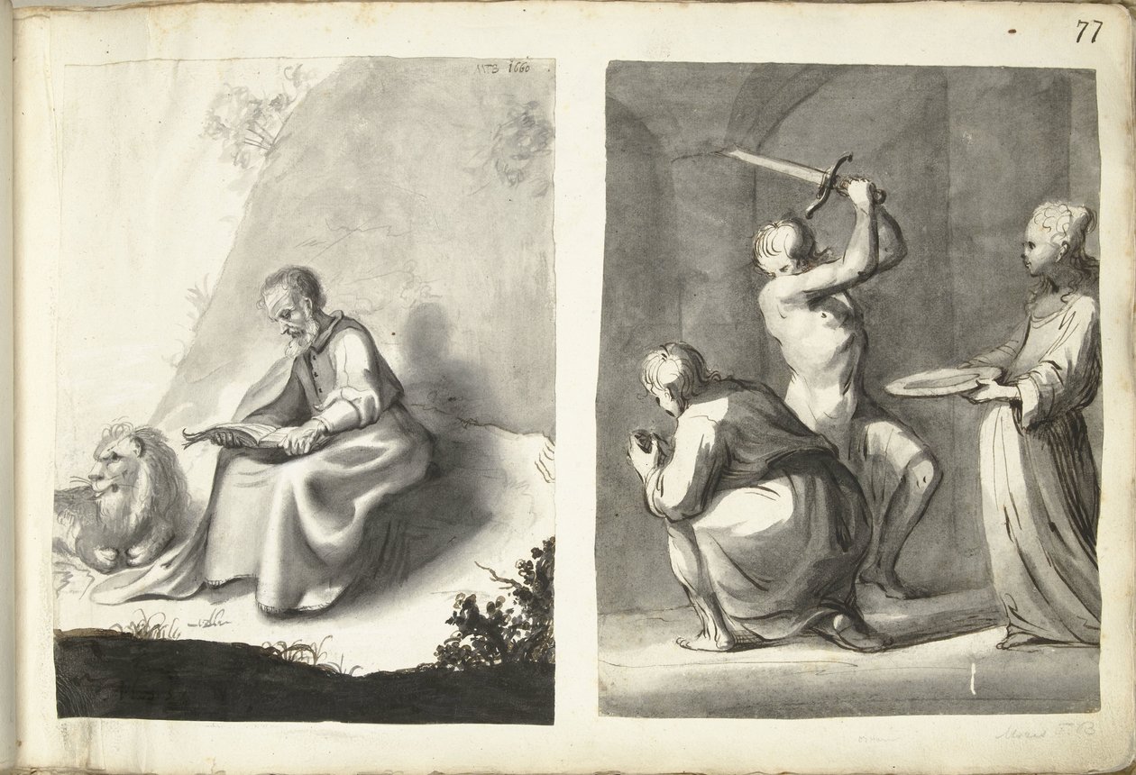 Den hellige Hieronymus i villmarken og halshugging av døperen Johannes av Moses ter Borch (signed by artist)