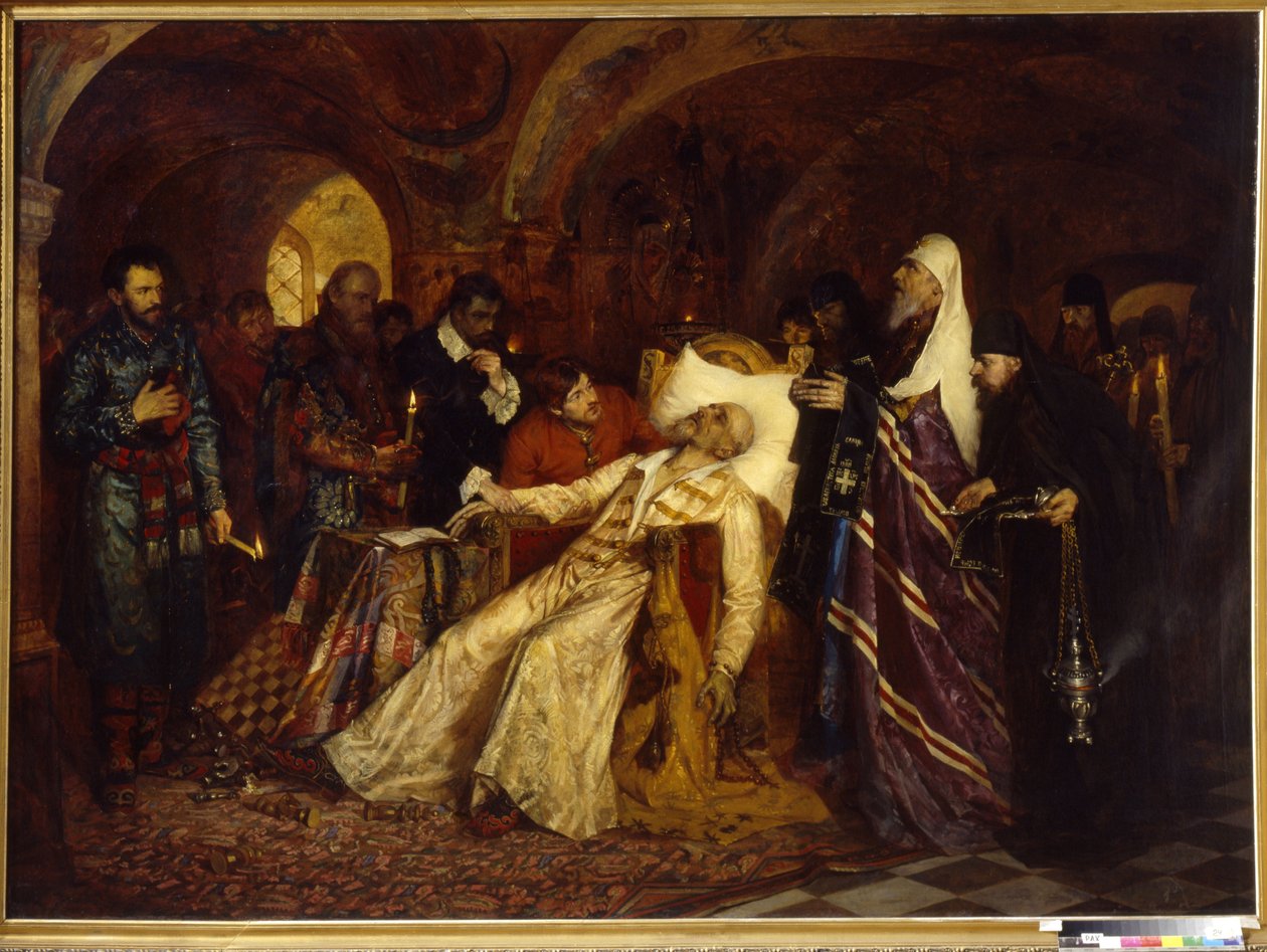 Metropolitan innvier tsar Ivan IV av Russland, kjent som Le Terrible (1530-1584) (Metropolitan innvier tsar Ivan den grusomme til det store skjemaet). Maleri av Moisei Lvovich Maimon (1860-1924), olje på lerret av Moshe Maimon