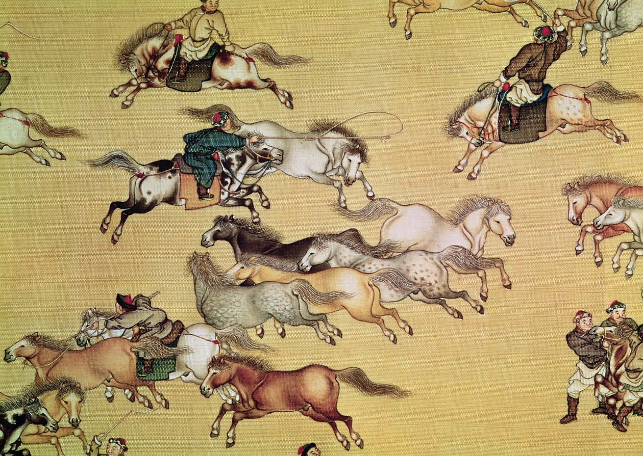 Voyage of Emperor Qianlong (1736-96) detalj fra en rulle, Qing-dynastiet (malt silke) av Mou Lan