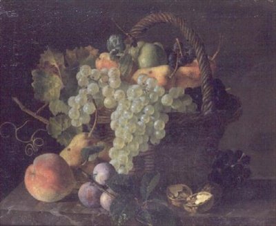 Stilleben av frukt i en kurv (panel) av Mouchet Mouchet